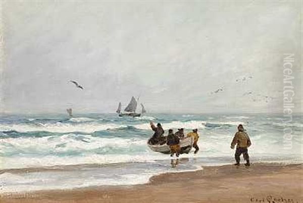 Fiskere Med Deres Robad I Strandkanten En Regnvejrsdag Oil Painting by Carl Locher