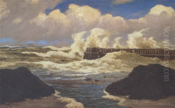 Hoje Bolger Slar Mod Molen En Blaesevejrsdag Oil Painting by Carl Locher