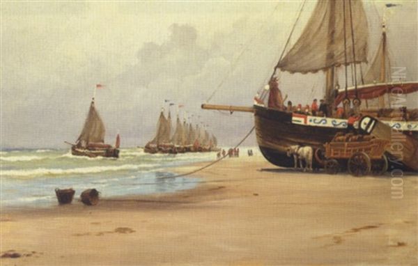 Et Sejlskib Lastes Med Tonder Pa Stranden Ved Scheveningen Oil Painting by Carl Locher
