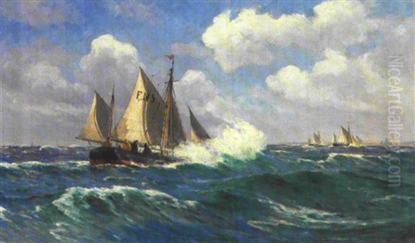 Fiskerbad Pa Havet Ud For Kysten Oil Painting by Carl Locher