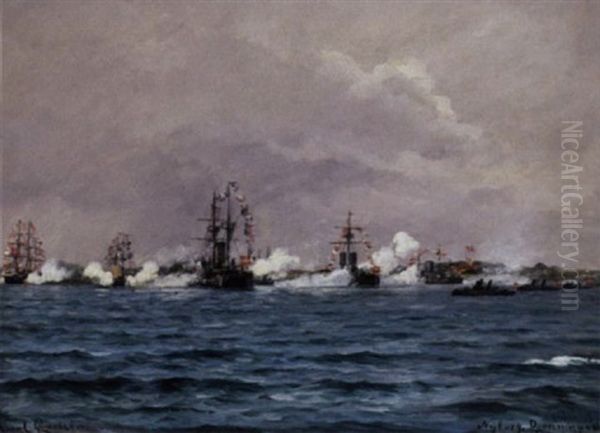 Den Danske Flade Fejrer Dronningens Fodselsdag Oil Painting by Carl Locher