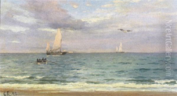 Sejlskibe Ud For Kyst, Besaetning Pa Vej I Land Oil Painting by Carl Locher