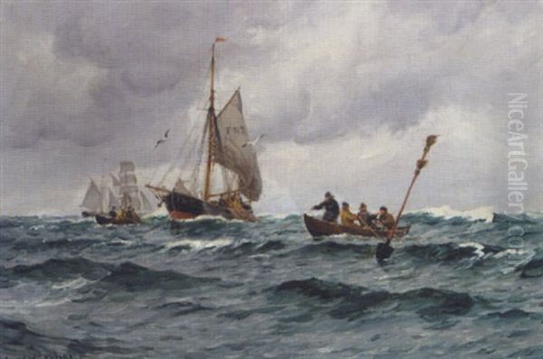 Marine Med Fiskerbade Pa Havet Oil Painting by Carl Locher