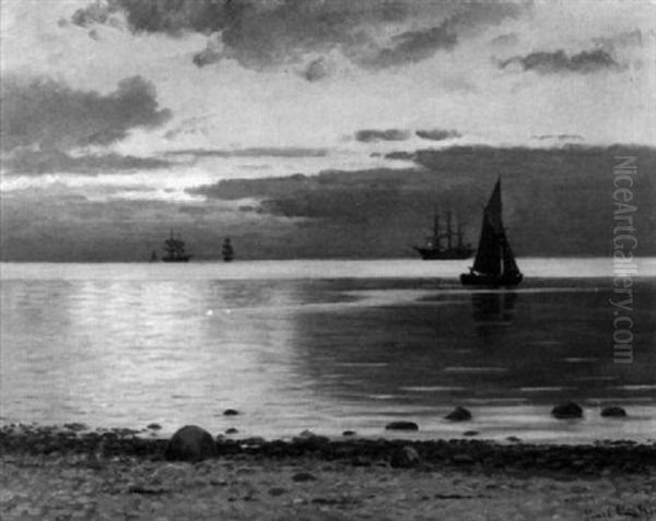 Meeresufer Mit Seglern / A Sunset Sail Oil Painting by Carl Locher