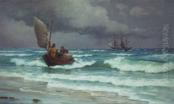 Kystparti Fra Skagen, Med Fiskere Der Gar I Land Og Sejlskibe Pa Havet Oil Painting by Carl Locher