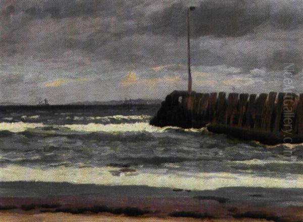 Mole Ved Hornbaek, I Baggrunden Svenskekysten Oil Painting by Carl Locher