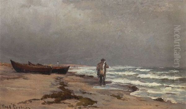 Kystparti Fra Skagen, Med Optrukne Joller Og Fisker Oil Painting by Carl Locher