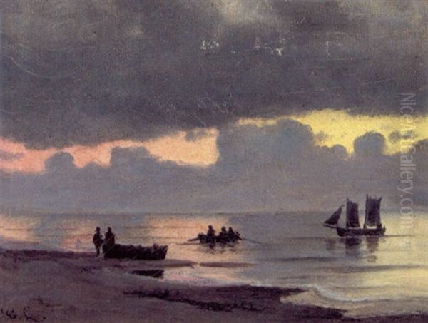 Aftenstemning Med Fiskere Ved Deres Bade Pa Stranden Oil Painting by Carl Locher