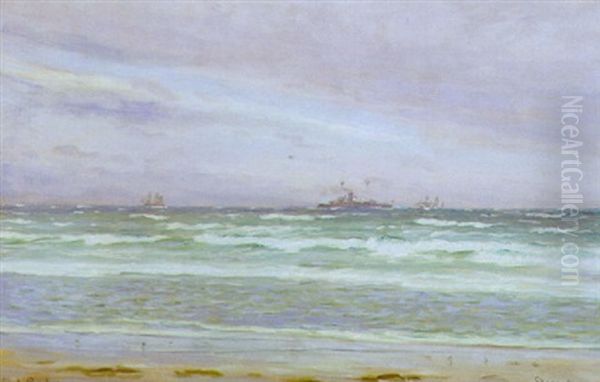 Marine Med Krigsfartoj Og Sejlskibe Pa Havet Oil Painting by Carl Locher