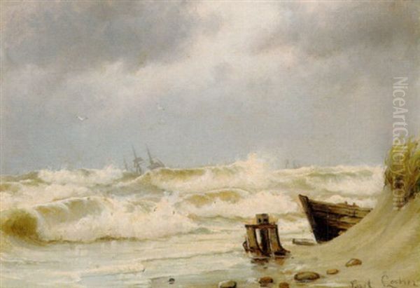 Bolgerne Brydes Pa Stranden, I Baggrunden Sejlskibe I Hoj So Oil Painting by Carl Locher