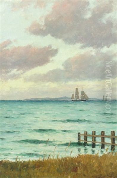 Skibe Ud For Hornbaek, I Baggrunden Kullen Oil Painting by Carl Locher