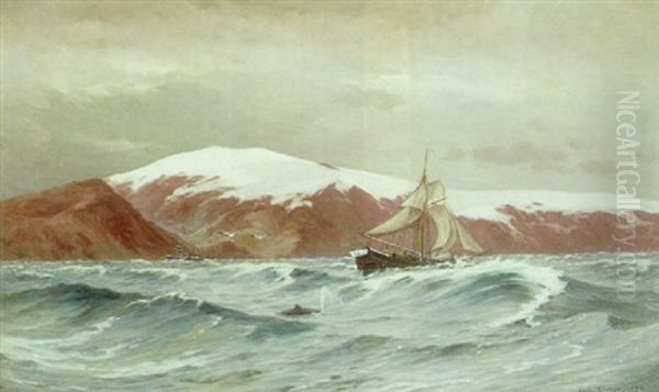 Sejlskib Og Smahvaler Naer Kysten Ved Ofjeldsjoklen Pa Island Oil Painting by Carl Locher