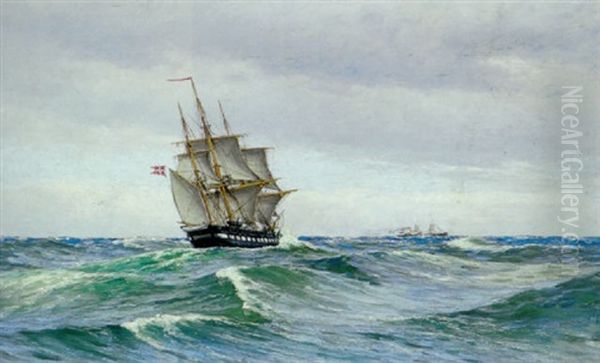 Tremastet Skib Pa Havet Oil Painting by Carl Locher