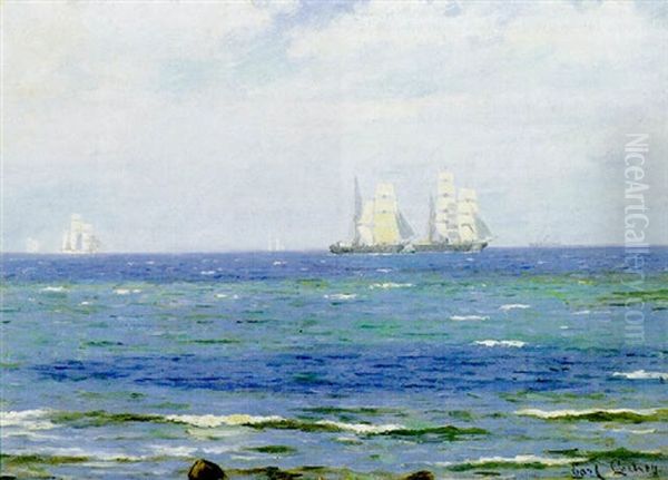 Kystparti Med Sejlskibe Oil Painting by Carl Locher