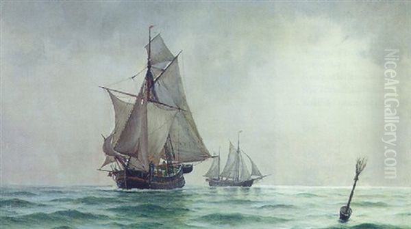 Marine Med Fiskerbade, Stille Vejr Oil Painting by Carl Locher