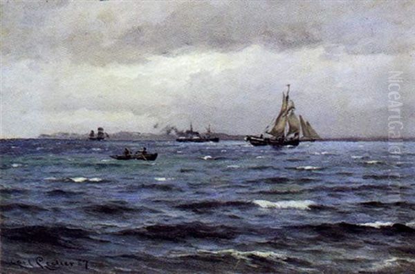 Marine Med Talrige Skibe Ud For Kysten Oil Painting by Carl Locher