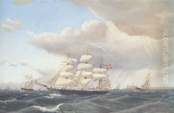 Sejlskibe I Sundet Ud For Kronborg Oil Painting by Carl Locher