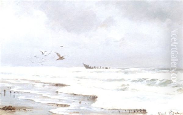 Kystparti Med Braending Og Skibsvrag Oil Painting by Carl Locher