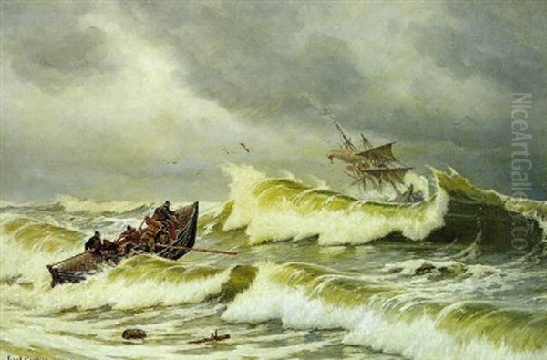 Redningsbaden Pa Vej Ud Til Et Nodstedt Skib Oil Painting by Carl Locher