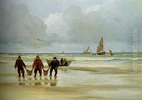Fiskere Baerer Fangsten I Land Oil Painting by Carl Locher
