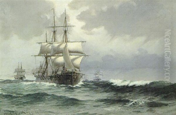 Orlogsskibe Pa Havet Oil Painting by Carl Locher