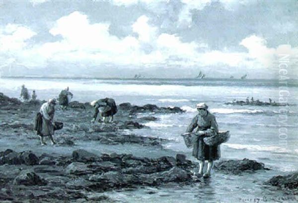 Muslingsamlere Oil Painting by Carl Locher