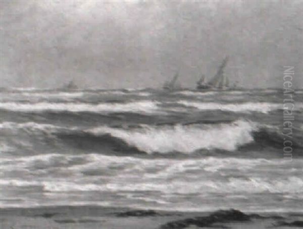 Marine Med Sejlskibe Udfor Skagens Kyst Oil Painting by Carl Locher