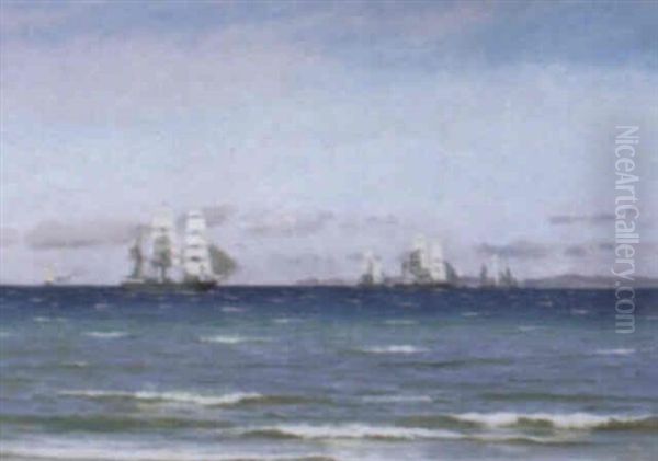Marine Med Sejlskibe, I Baggrunden Den Svenske Kyst Oil Painting by Carl Locher
