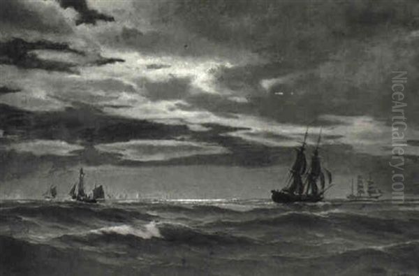 Marine Med Sejlskibe, M+neskin Oil Painting by Carl Locher