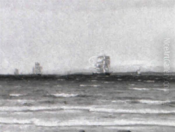 Marine Med Sejlskibe, I Baggrunden Den Svenske Kyst Oil Painting by Carl Locher