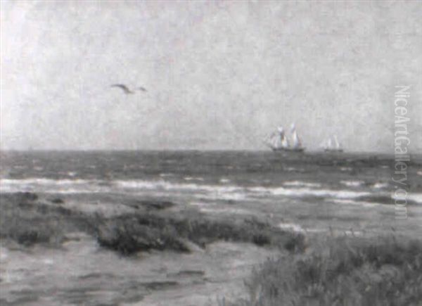 Kystparti Fra Tidsvilde, I Baggrunden Sejlskibe Oil Painting by Carl Locher