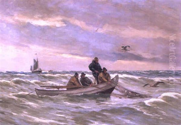 Marine Med Fiskere Der Traekker Vod Oil Painting by Carl Locher