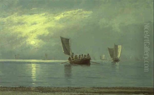 Marine Med Fiskerbade Udfor Skagen Strand, Aften I Maneskin Oil Painting by Carl Locher