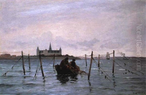 Fiskere Der Haler Garn Ombord Deres Bad Ud For Kronborg Oil Painting by Carl Locher