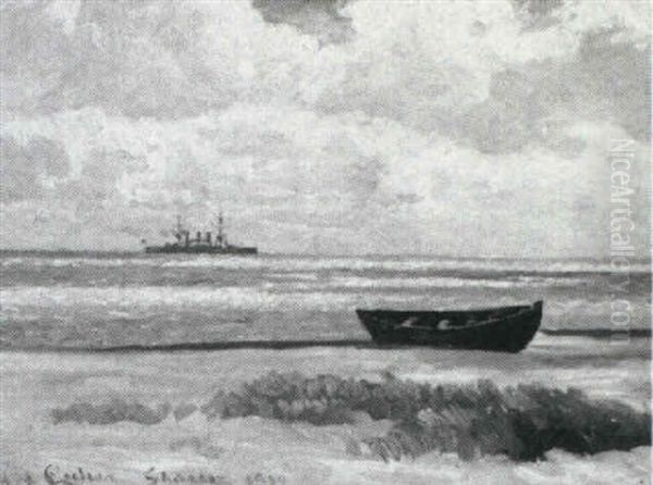 Udsigt Over Havet Med Krigsskib, I Forgrunden Robad Oil Painting by Carl Locher