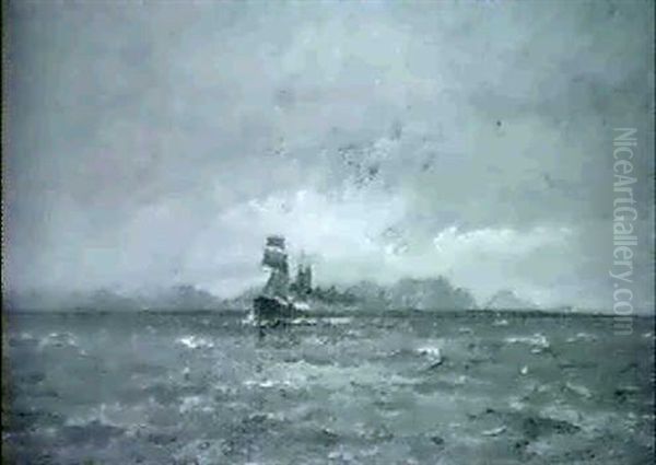 Marine Med Dampskib Ud For Klippekyst Oil Painting by Carl Locher