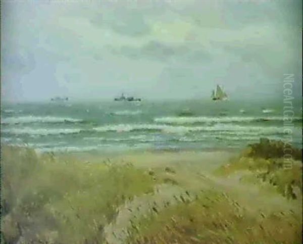 Kystparti Med Skibe Ud For Skagen Oil Painting by Carl Locher
