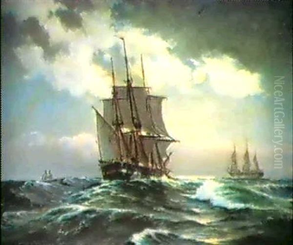 Marine Med Sejlskibe, Aftenstemning Oil Painting by Carl Locher