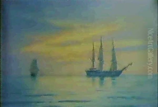 Evening On The North Sea, H.m.s. London And Other Vessels Oil Painting by Carl Locher