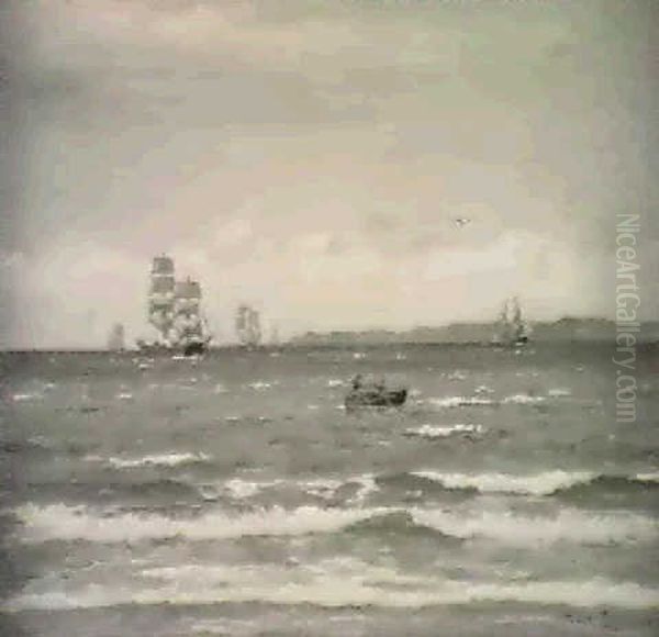 Marine Med Skibe, I Baggrunden Kullen Oil Painting by Carl Locher