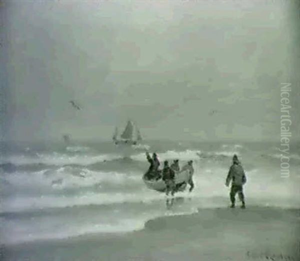 Fiskere I Strandkanten Oil Painting by Carl Locher