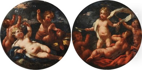 Gegenstucke, Tondi. Mit Seifenblasen Spielende Putti. / Mit Windradchenlanzen Spielende Putti (2 Works) Oil Painting by Gottfried Locher