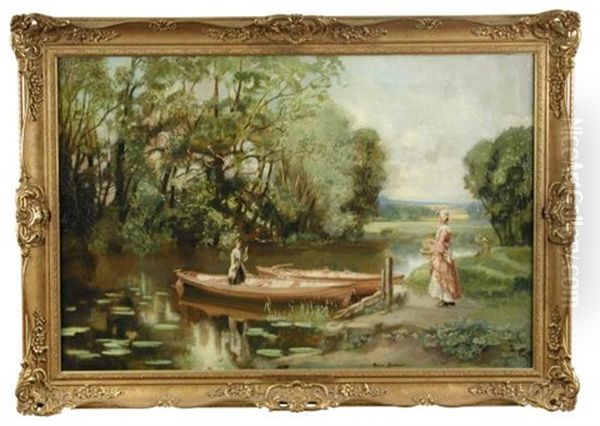 The River Ouse At Holywell, Huntingdon, With A Couple Punting Oil Painting by John Lochhead