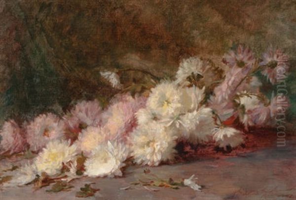 Still Life Of Pink And White Chrysanthemums Oil Painting by Wilton Lockwood