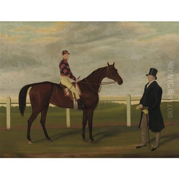 "merry Lass", Rees Up, With Owner Mr. Davis On Brecon Racecourse Oil Painting by James Loder Of Bath