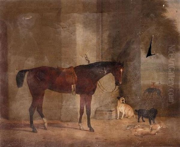 A Bay Hunter Outside A House With A Bull Terrier, A Spaniel And A Pair Of Hounds Oil Painting by James Loder Of Bath