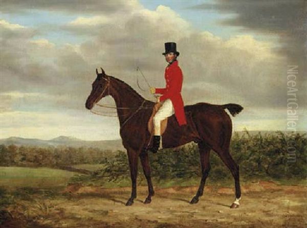 A Gentleman On His Bay Hunter In A Landscape Oil Painting by James Loder Of Bath