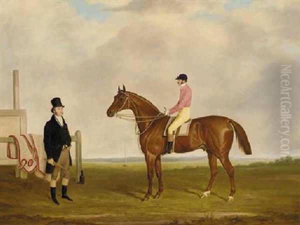 A Chestnut Racehorse With Jockey Up, And A Trainer, On A Racecourse Oil Painting by James Loder Of Bath