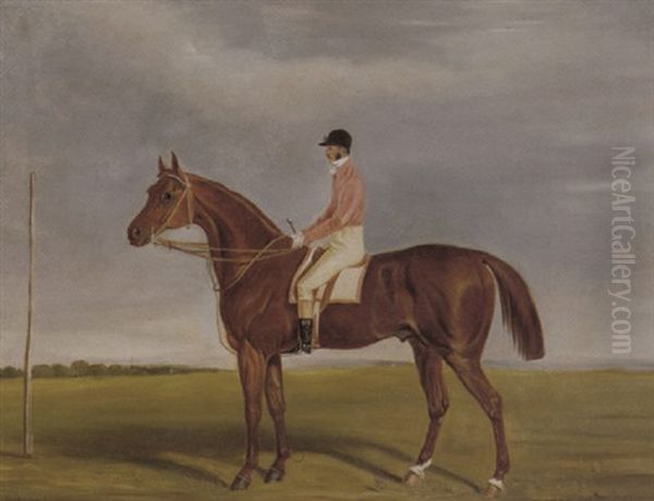 A Chestnut Racehorse With Jockey Up Oil Painting by James Loder Of Bath