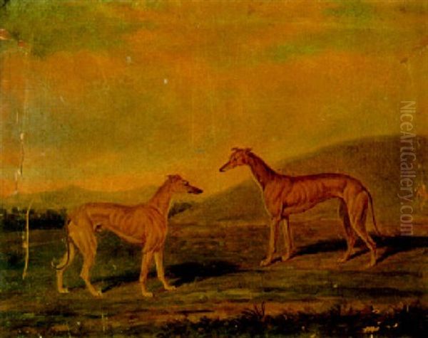 Two Greyhounds In A Landscape Oil Painting by James Loder Of Bath